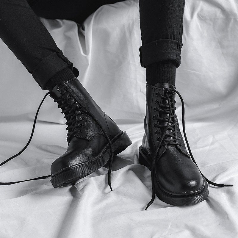 潮牌真皮马丁靴男款秋冬季高帮加绒软皮黑色工装靴英伦风中帮皮鞋