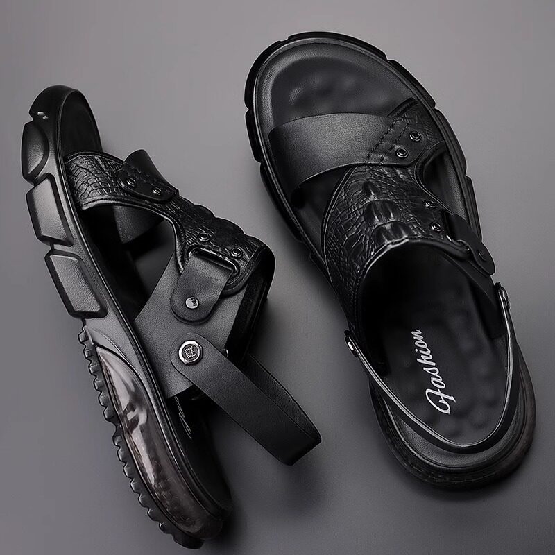 潮牌皮面鳄鱼纹凉鞋男2026夏季新款外穿两用拖鞋舒适软底沙滩凉拖