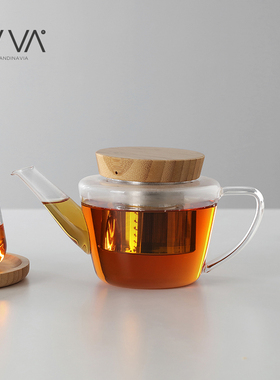 丹麦VIVA 分享系列木盖耐高温高硼硅玻璃茶壶小型耐热500ml
