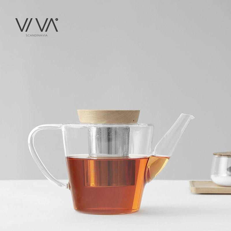 丹麦VIVA分享耐高温玻璃茶壶加厚带木盖过滤玻璃茶壶泡茶壶大号1L