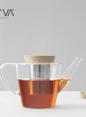 丹麦VIVA分享耐高温玻璃茶壶加厚带木盖过滤玻璃茶壶泡茶壶大号1L