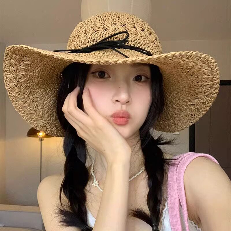 草帽遮阳帽蝴蝶结镂空拉菲女夏季