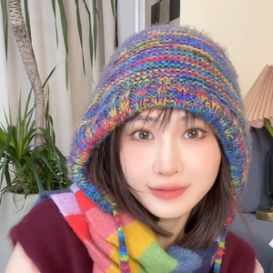 彩虹色毛线帽子女秋冬季款显脸小包头帽民族风护耳保暖套头针织帽