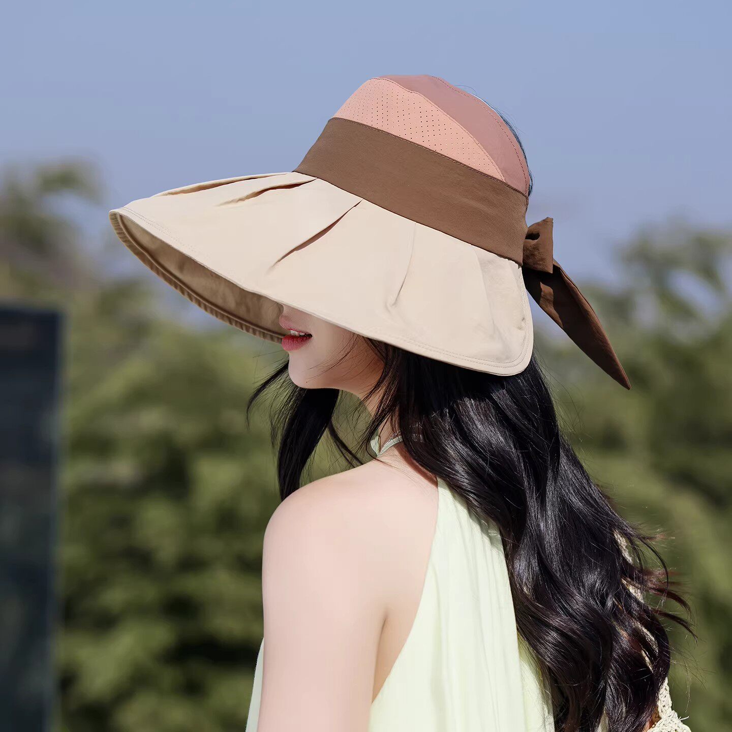 甜美拼色蝴蝶结空顶遮阳渔夫帽女