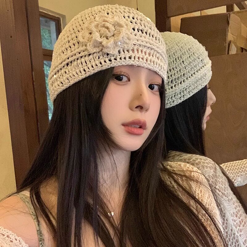甜美手工钩织立体亮片花朵针织帽帽子