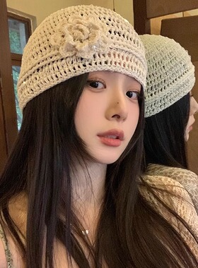 甜美手工钩织立体亮片花朵针织帽子女春夏季时髦镂空包头毛线帽薄