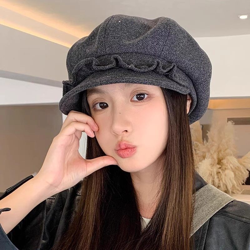 日系可爱褶皱花边八角帽甜美百搭