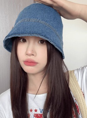 韩版水洗做旧牛仔渔夫帽女显脸小