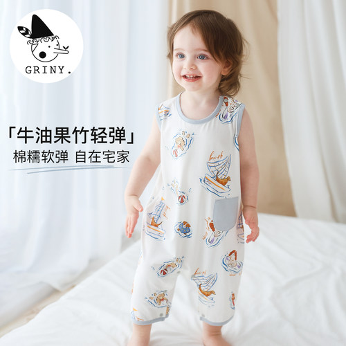 Griny婴儿无袖连体衣印花春夏和尚衣新生儿宝宝包屁衣衣服弹力