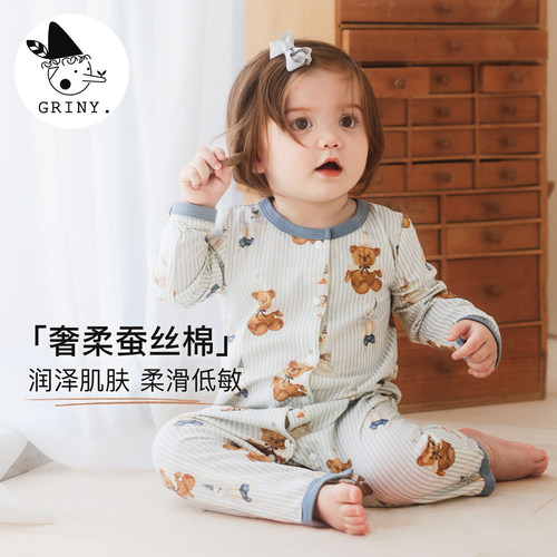 Griny蚕丝棉婴儿长袖连体衣宝宝包屁衣新生儿哈衣爬服三角秋冬季