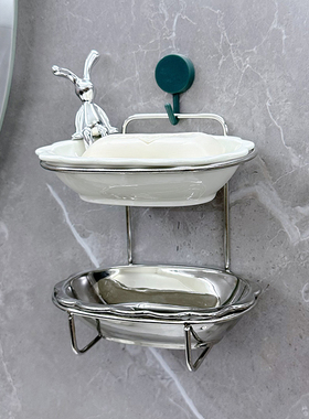 轻奢双层肥皂盒壁挂式家用高档卫生间陶瓷沥水香皂盒免打孔置物架