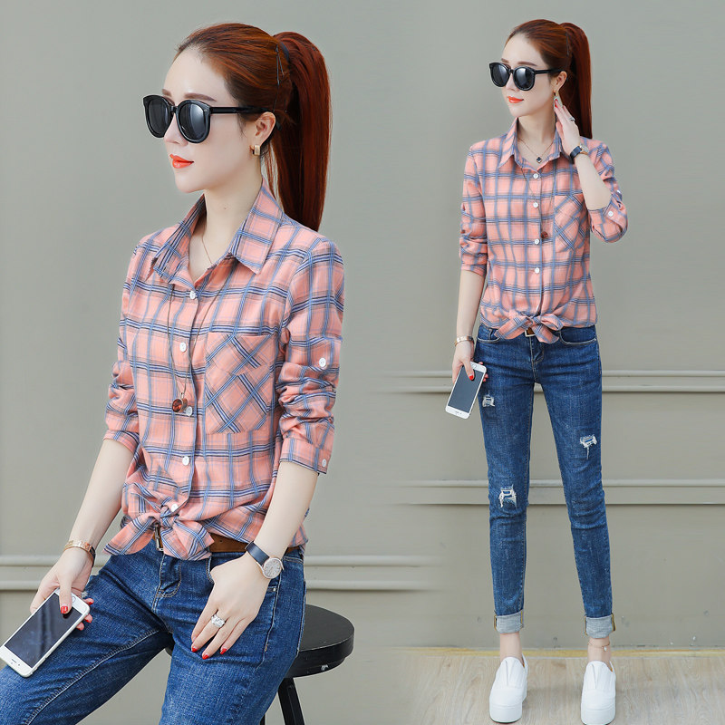 以纯气质长袖格子衬衫女装2020早春新款小衫百搭宽松衬衣港味上衣
