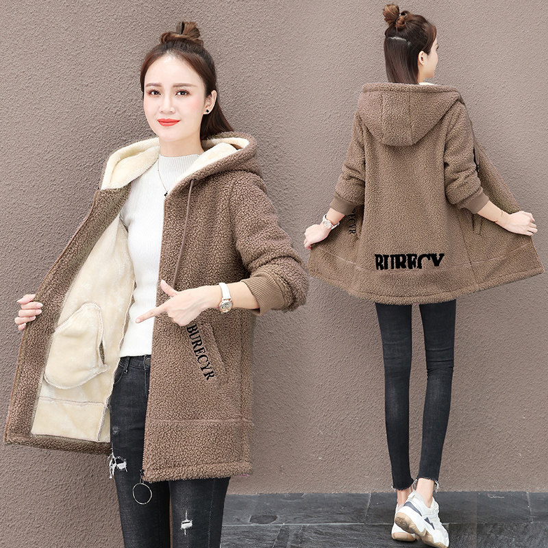 以纯官方旗舰店羊羔绒卫衣女冬2020新款连帽宽松加绒加厚开衫外套