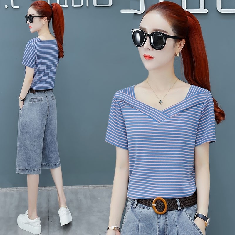 以纯官方旗舰店官网2020年新款夏装短款抽绳条纹t恤女士修身显瘦