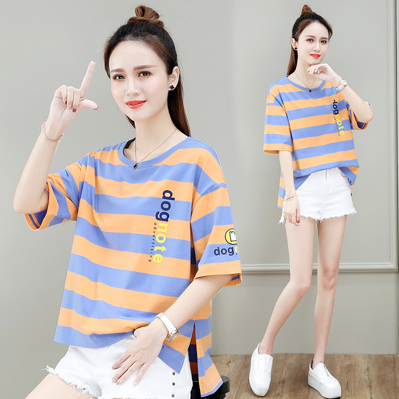 以纯短款休闲条纹T恤女2020夏装新款韩版百搭学生薄款欧贝妮女装
