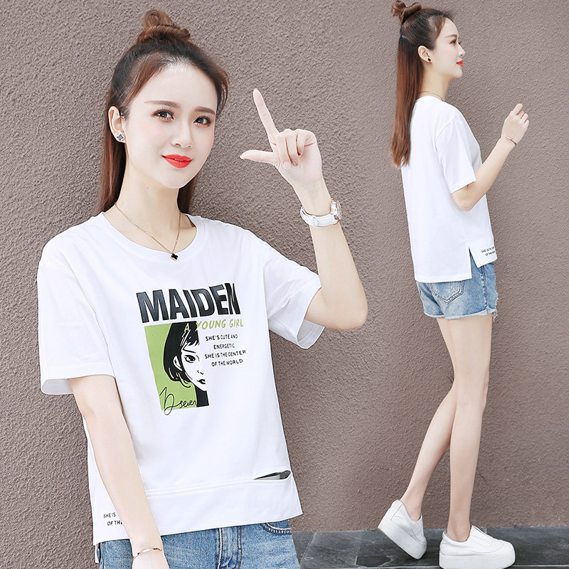 以纯夏款t恤女2020年新款宽松学生上衣洋气百搭薄款半袖短体恤衫