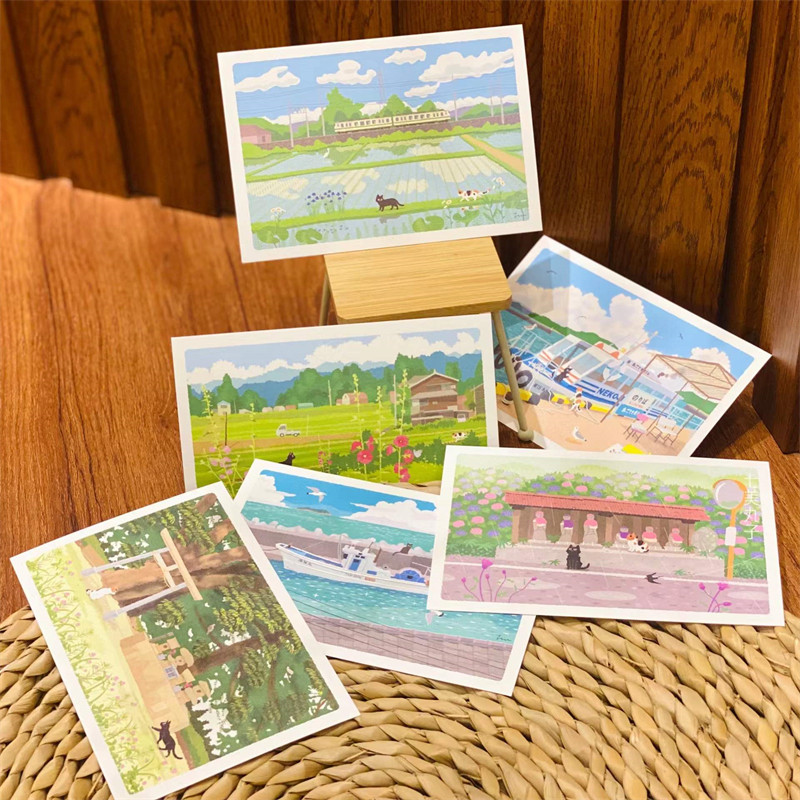 日本制旅猫夏日明信片手写祝福邮局绣球花日系小清新祝福卡片收藏