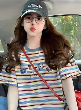 特大码3美式复古红蓝条纹短袖t恤女夏季胖MM宽松休闲花边纯棉上衣