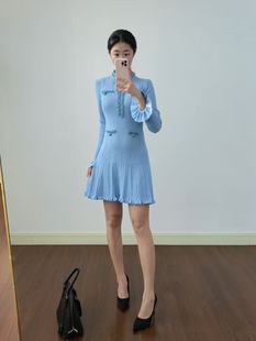 法式小众时尚重工钉珠气质蓝色修身显瘦长袖连衣裙木耳边短款裙子