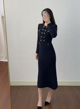高定2025秋冬新款黑色s假两件p气质针织连衣裙轻奢双排扣圆领裙子