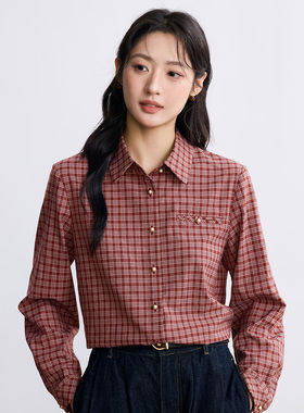 茵曼磨毛美式复古长袖衬衫女2025秋冬款学院风通勤翻领格子衬衣
