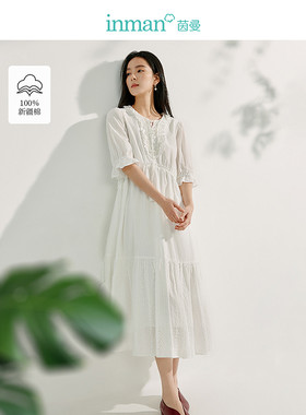 茵曼法式重工刺绣连衣裙2025春季女装新款高腰文艺仙气宽松长裙子