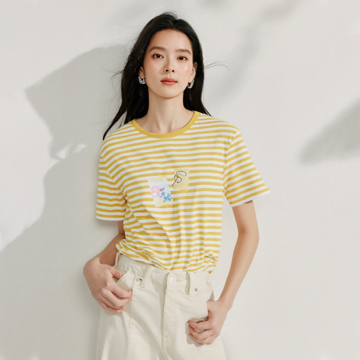 茵曼撞色条纹短袖T恤女2025夏季趣味减龄印花舒适休闲宽松上衣