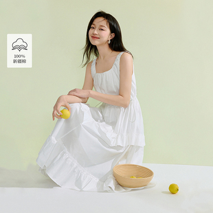 【一秒入夏】茵曼夏季法式荷叶白色连衣裙方领收腰显瘦气质长裙子