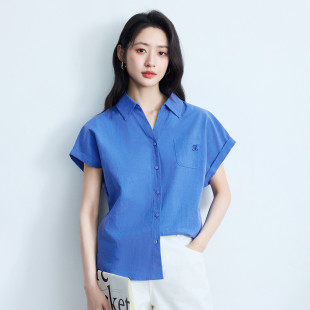 茵曼纯棉通勤小飞袖衬衫女2026夏季法式气质时尚绣花口袋V领衬衣