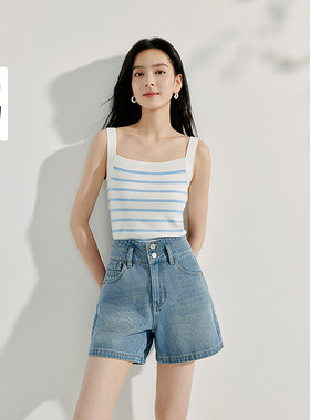 茵曼条纹方领针织吊带小背心2025夏季女装新款短款修身百搭上衣