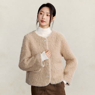 茵曼仿羊羔毛厚外套圆领短上衣时尚保暖气质小香风年终狂欢购冬季