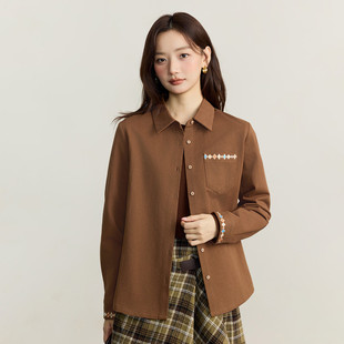 茵曼纯棉撞色菱格绣花长袖衬衫女2025秋冬款通勤时尚百搭衬衣