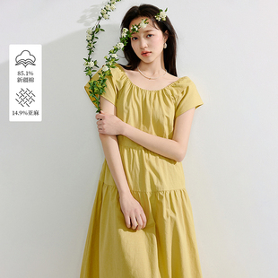 【一秒入夏】茵曼夏季亚麻法式小飞袖圆领连衣裙女显瘦设计感裙子