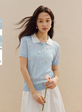 茵曼亚麻翻领花朵刺绣针织衫女2026夏季女POLO领镂空短袖上衣