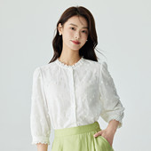 茵曼尤莱特茵曼春夏新款 白色 白衬衫 法式 气质绣花花边提花圆领中袖