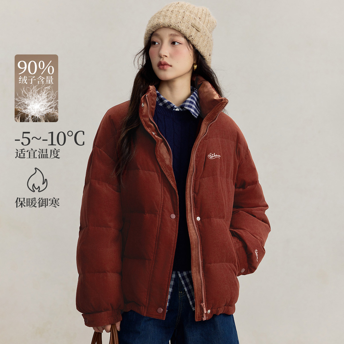 2025年冬新款灯芯绒羽绒服90白鸭绒保暖百搭时尚羽绒服女款