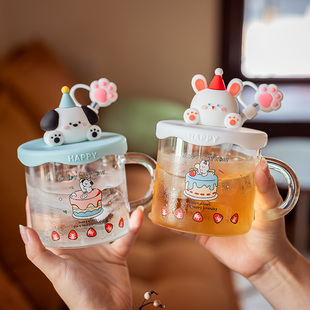 高硼硅玻璃吸管杯女生2024新款可爱带把刻度杯子办公室耐高温水杯