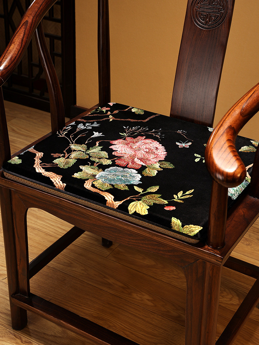 新中式椅子垫坐垫红木沙发垫座垫椅垫茶椅餐桌椅黑色高级防滑垫子