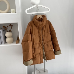 冬季新款南瓜拼色中长款羽绒服90白鸭绒宽松显瘦显白加厚外套