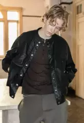 In Stock, New Lemaire Style 24Ss Motorcycle Black Leather Jacket, Pengiri Same Style Stand Collar Jacket