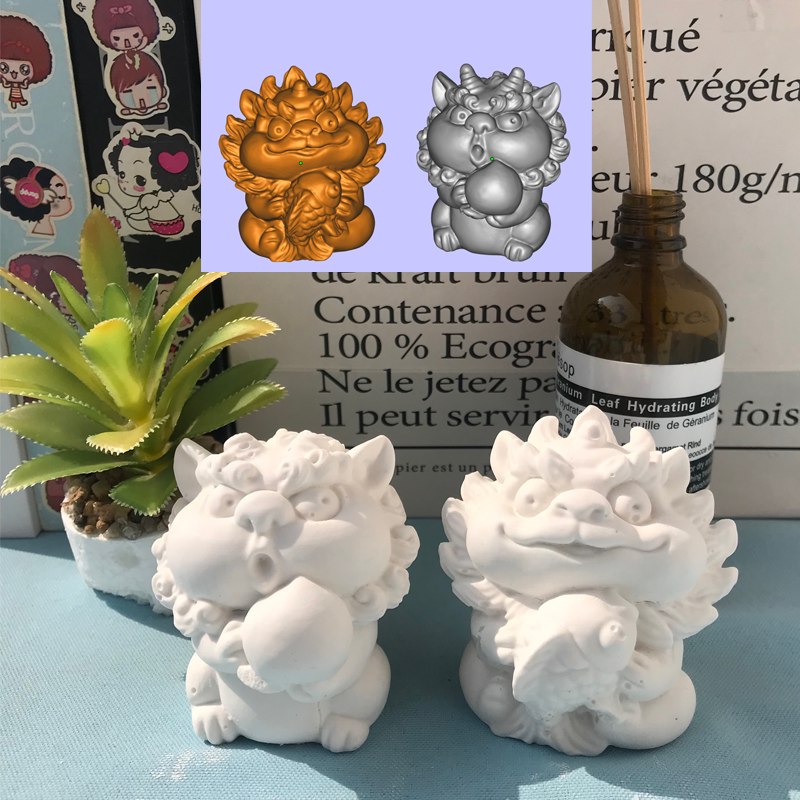 3D建模打印醒狮摆件硅胶磨具青砂石抱鱼寿桃貔貅一对水泥醒狮磨具