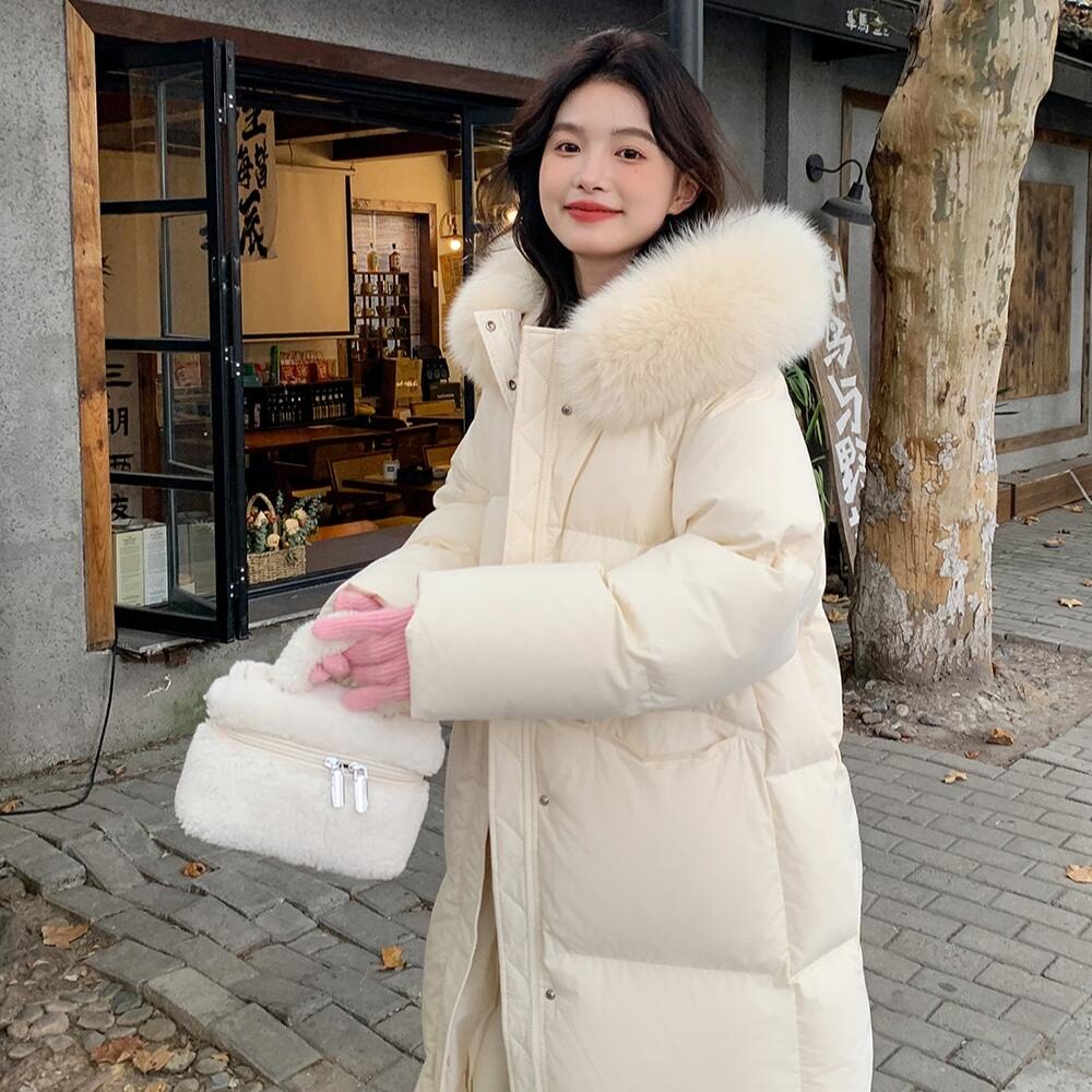 莫斯科的冬 2025新款大毛领中长款加厚时尚羽绒棉服女粉色棉衣