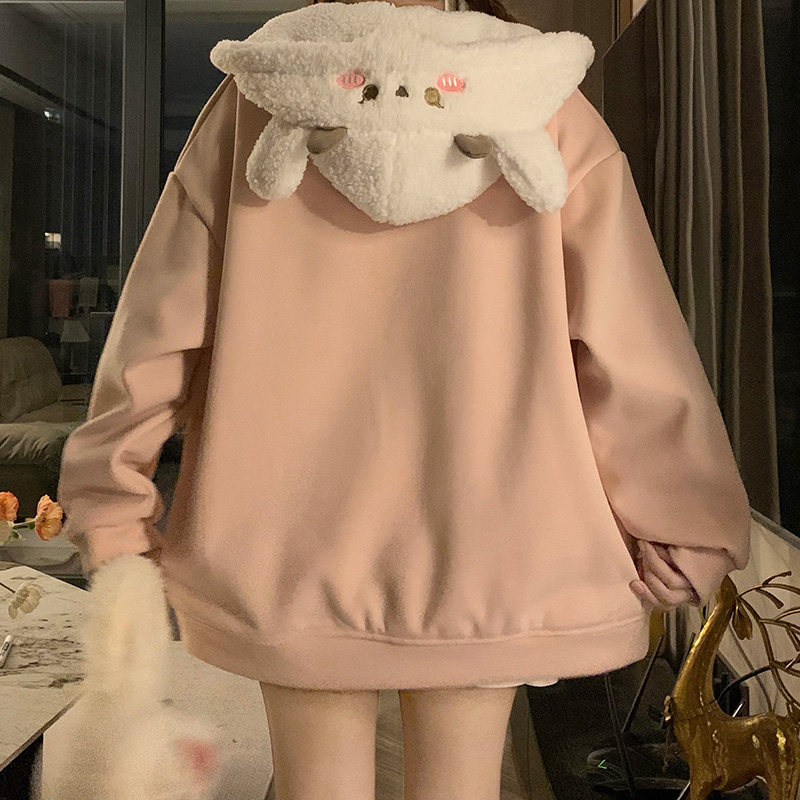 可爱羊羔毛嫩粉色加绒加厚连帽卫衣外套女冬甜美开衫上衣女