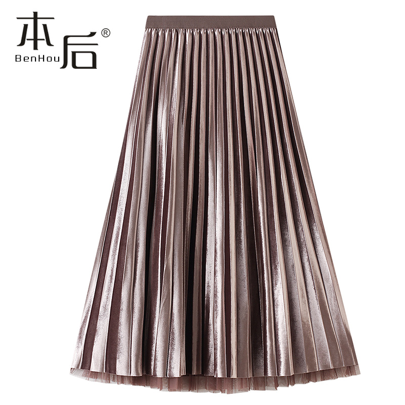 3319 两面穿金丝绒网纱半身裙秋冬女中长款新款高腰丝绒百褶纱裙