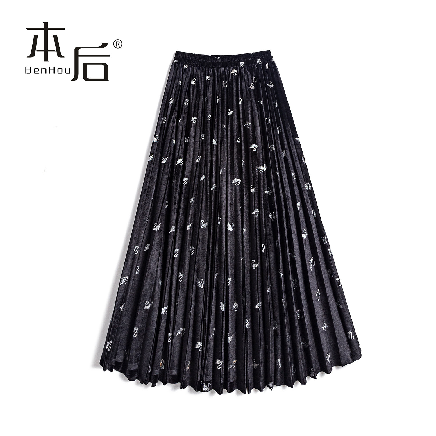 BenHou/本后 29841 小天鹅烫金丝半身裙秋冬女中长款百褶裙a字裙