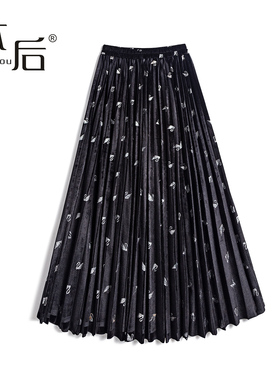 BenHou/本后 29841 小天鹅烫金丝半身裙秋冬女中长款百褶裙a字裙