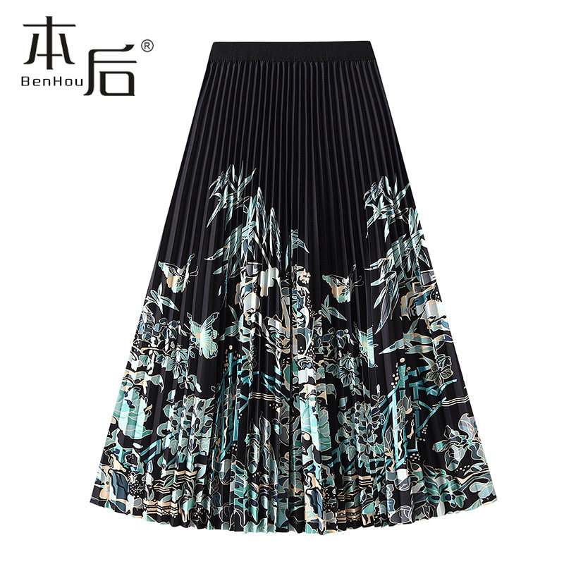 0815 定位印花风琴百褶半身裙春秋女中长款垂坠大摆a字裙高腰显瘦