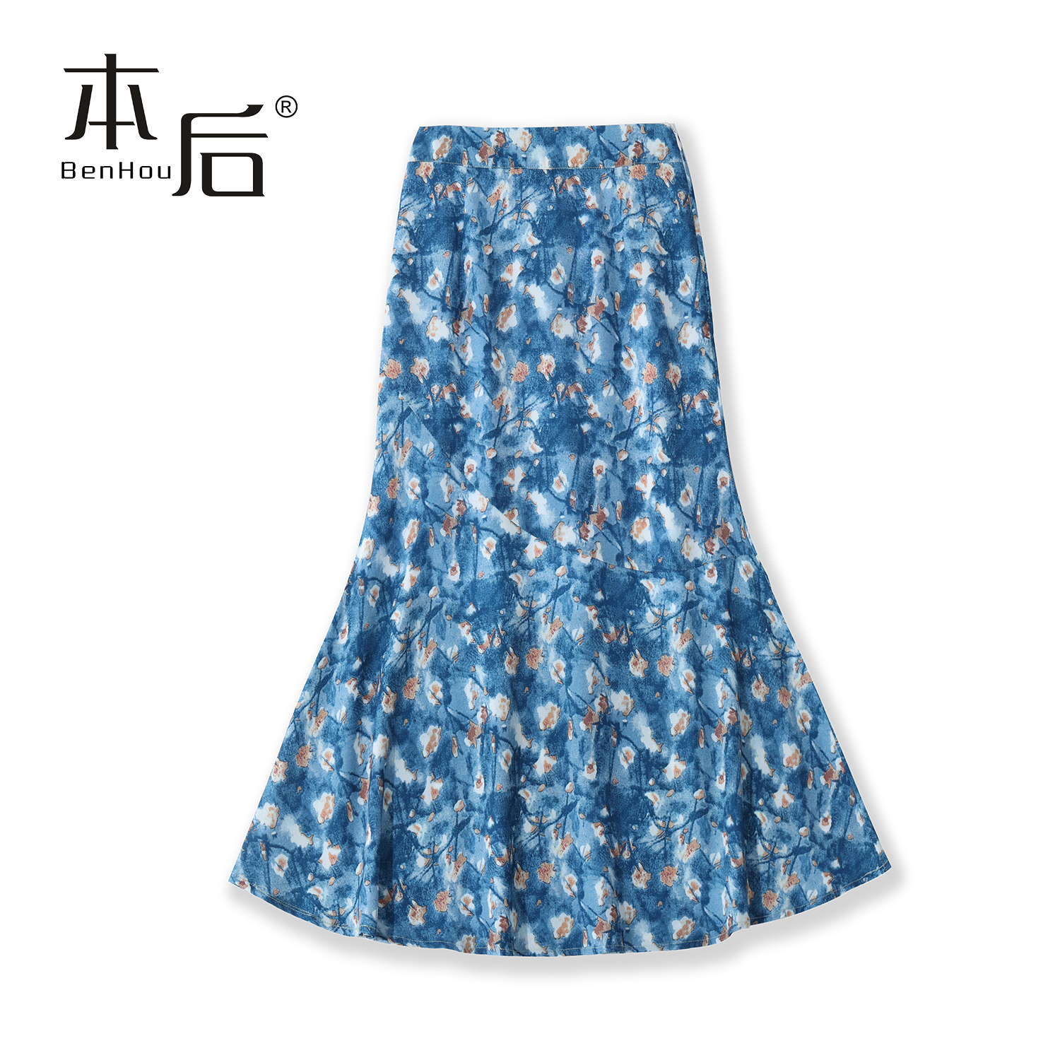 5211 轻薄碎花半身裙女夏中长款高腰鱼尾裙气质复古蓝色印花裙子