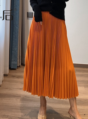 8809 Chao大摆百褶裙半身裙春秋女中长款气质新款高腰百褶a字裙