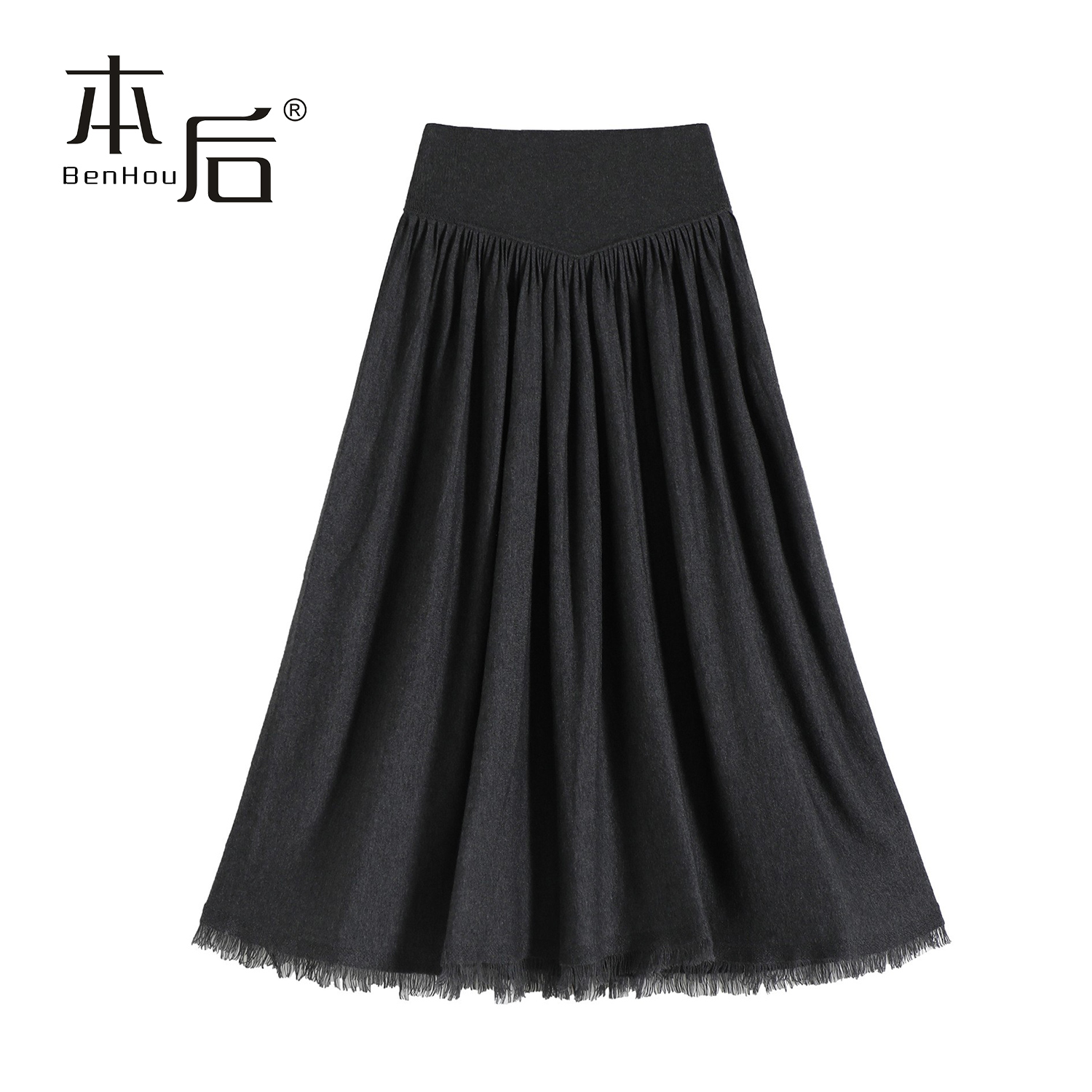 F2511 黑色高腰羊毛针织半身裙冬女中长款气质百褶流苏a字大摆裙